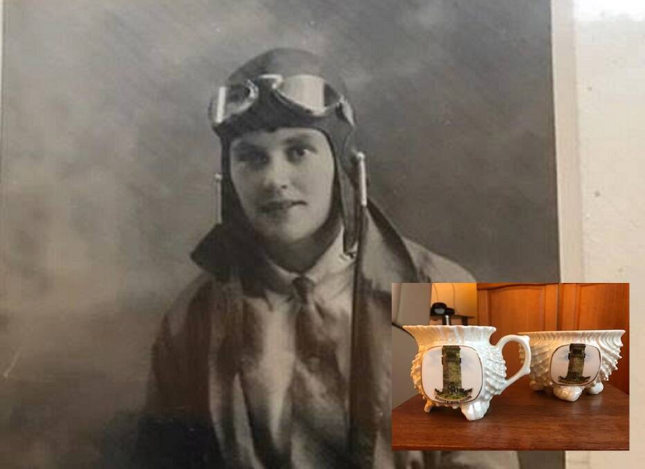 HIGH FLYER: Pioneering aviator Frances Jackson and (inset)  the milk jug and sugar bowl she received after winning a flying event in Gouburn.