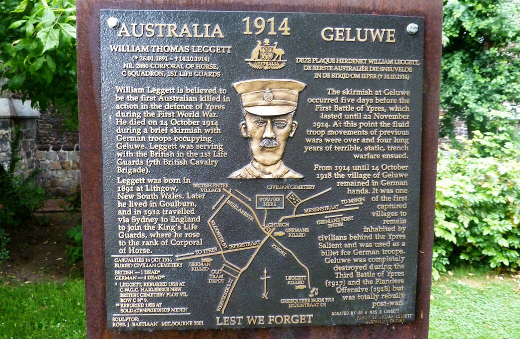 MEMORIALISED: Goulburn soldier William Leggett was one of the first Australian casualties in the defence of Ypres in Belgium in WWI, where he's still remembered.