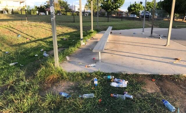 'FILTHY': The skate park has lots of litter for lack of a bin, writes a reader who also suggests a water fountain to help cut down on plastic bottles dropped. Photo: supplied