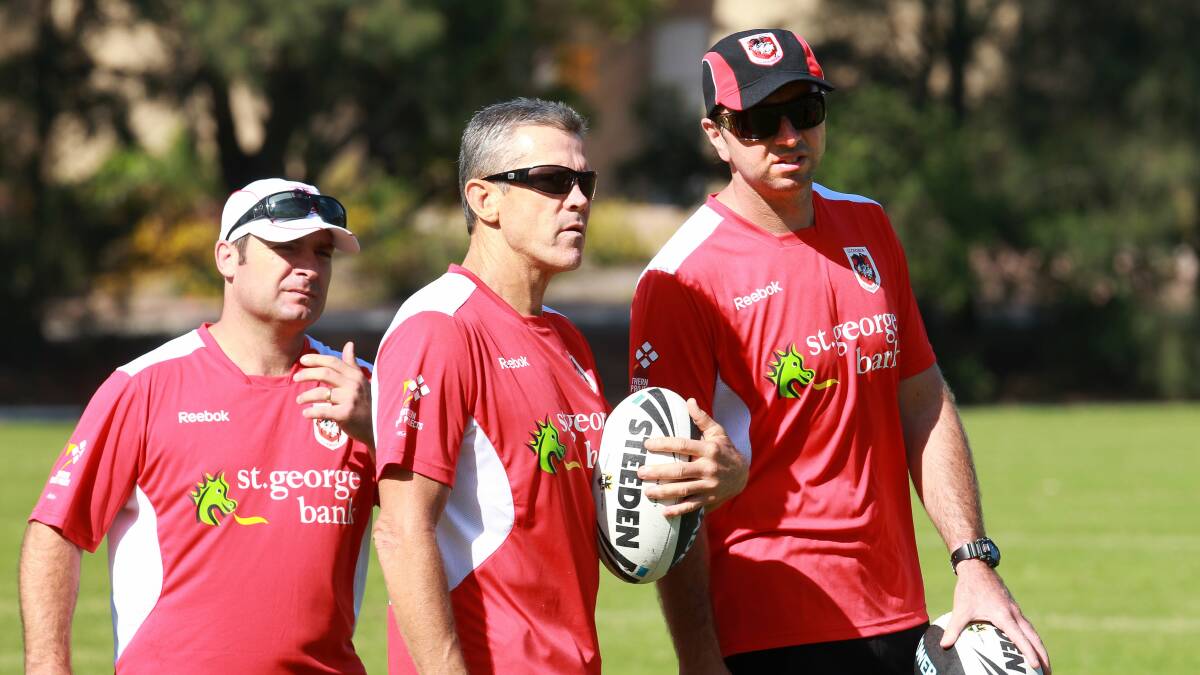 Assistant coach Steve Folkes and coach Steve Price at a Dragons training session at the University of Wollongong in 2011.
