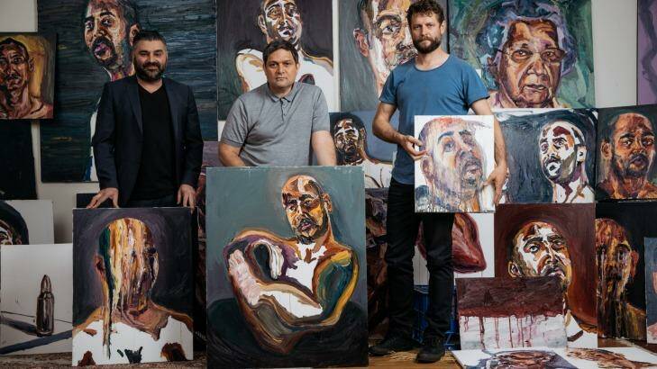 Artist Ben Quilty (right) with Campbelltown Arts Centre director Michael Dagostino (left) and Sydney Festival director Wesley Enoch. Photo: Daniel Boud