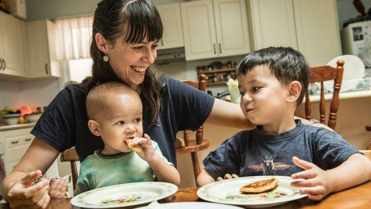Vanessa Huang with her children Theodore and Hugo, both of whom were born at Ryde Hospital.  Photo: Steven Siewert
