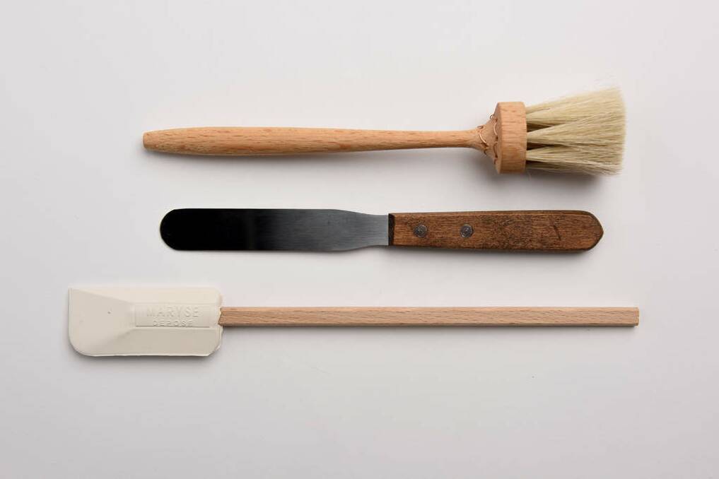 5. Baking basics
Essential tools of the trade: pastry brush for the final egg-wash glaze, a palette knife for perfect icing application and a silicone spatula for scraping bowls clean. We like these old-school wooden handled versions. Brush, $18, heaveninearth.com.au; knife $5.95, thebaytree.com.au; spatula $8.15, kitchenkapers.com.au Photo: Steven Siewert