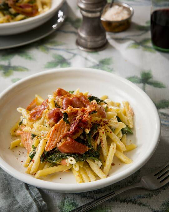 Karen Martini's pennette with smoked trout, creme fraiche, spinach and pancetta <a href="http://www.goodfood.com.au/good-food/cook/recipe/pennette-with-smoked-trout-creme-fraiche-spinach-and-pancetta-20140506-37t3e.html"><b>(RECIPE HERE).</b></a> Photo: Marcel Aucar