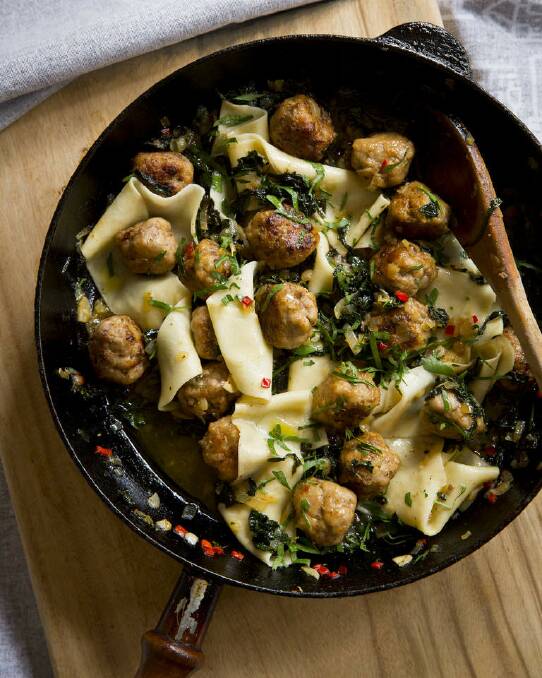 Frank Camorra's pappardelle with black cabbage and meatballs <a href="http://www.goodfood.com.au/good-food/cook/recipe/pappardelle-with-black-cabbage-and-meatballs-20140505-37r5q.html"><b>(RECIPE HERE).</b></a> Photo: Marcel Aucar