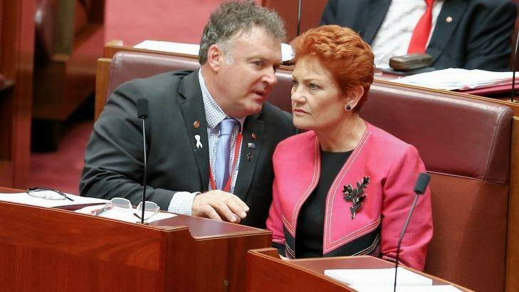 Before the split: Rod Culleton and Pauline Hanson in the Senate. Photo: Alex Ellinghausen