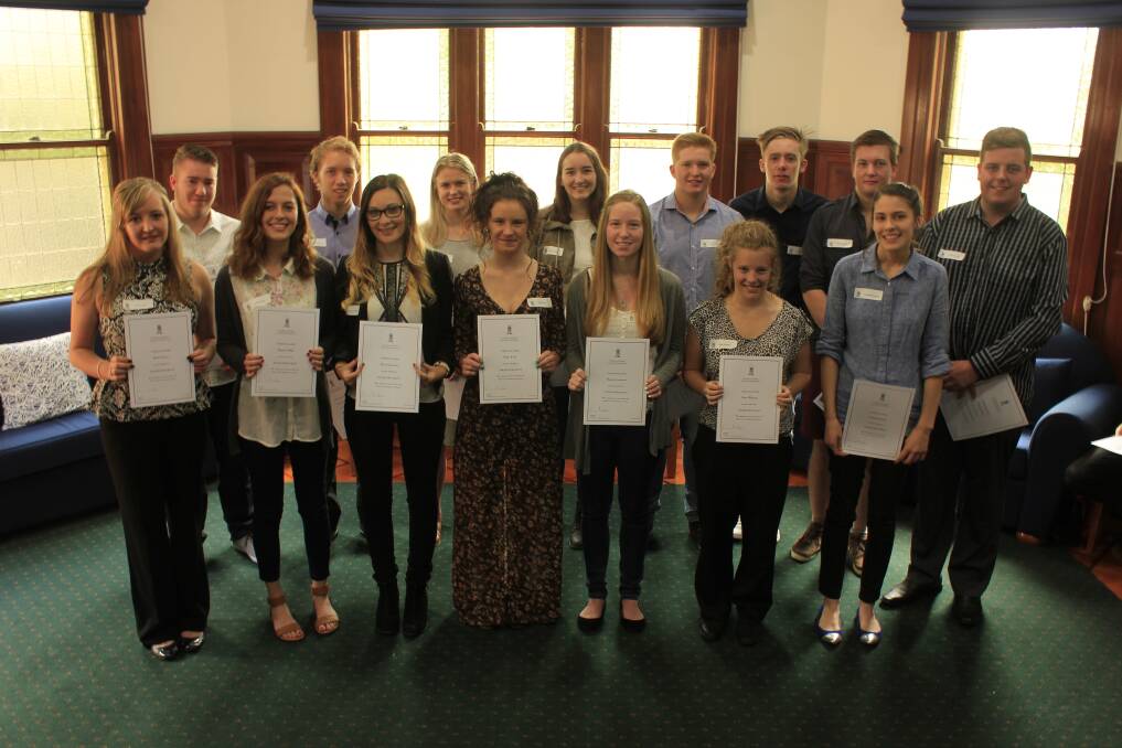 SCHOLARS: Goulburn and District Education Foundation recipients (front L-R): Emily Travers, Emma Collins, Kyra Cairncross, Emily Evans, Makayla Anderson, Katie Wharton and Cassandra Russell; (back L-R) Rhys Evans, Emmot Falconer, Sophie McNeill, Chloe Haynes, Louis Williamson, Luke O'Brien, Jasper Dorman, and Cameron Porter. Photo: Ainsleigh Sheridan