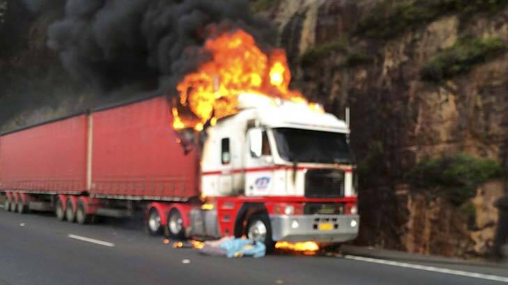 Engulfed: A truck goes up in flames on the M1 motorway. Photo: Supplied