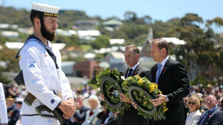 Tribute: Tony Abbott and his New Zealand counterpart John Key lay wreaths at the Anzac Peace Park on Saturday. Photo: Supplied