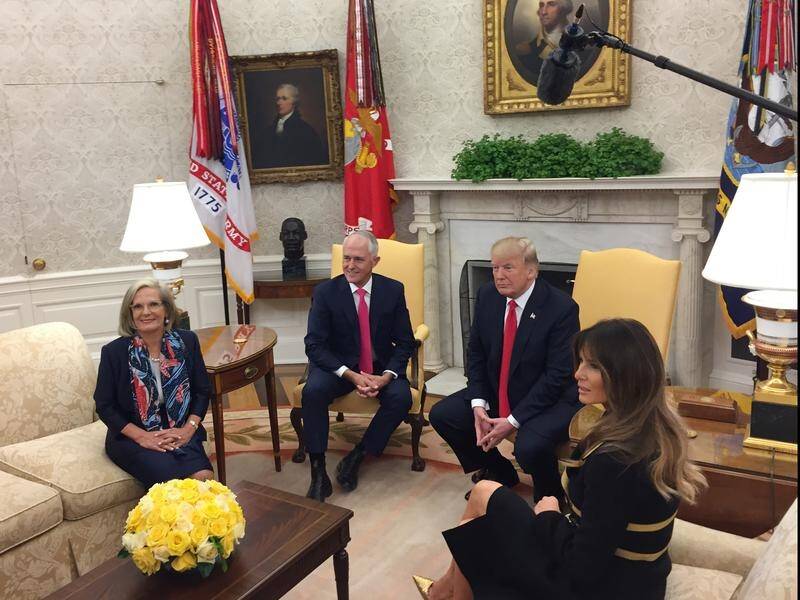 Donald and Melania Trump have welcomed Malcolm and Lucy Turnbull to the White House in Washington.