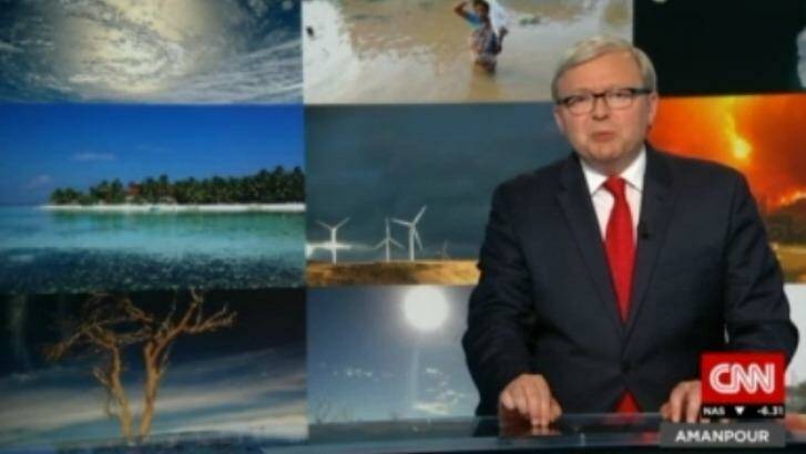 Solid but a little stiff ... Kevin Rudd made his debut as an international television host on CNN program Amanpour on Friday. Photo: CNN