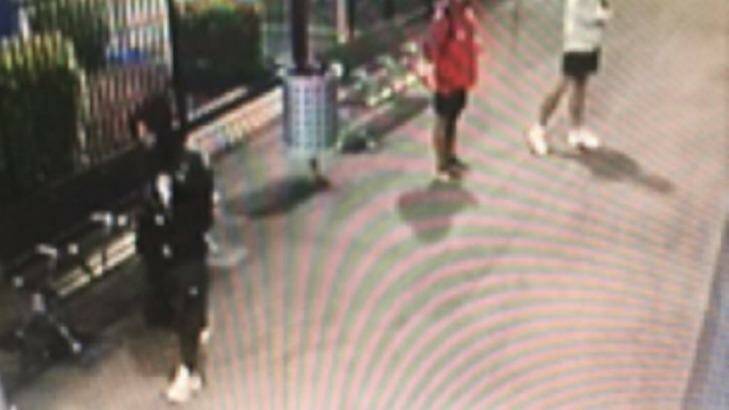 Police are still searching for a suspect, wearing dark clothing, captured on security cameras at Maitland train station. Photo: Supplied
