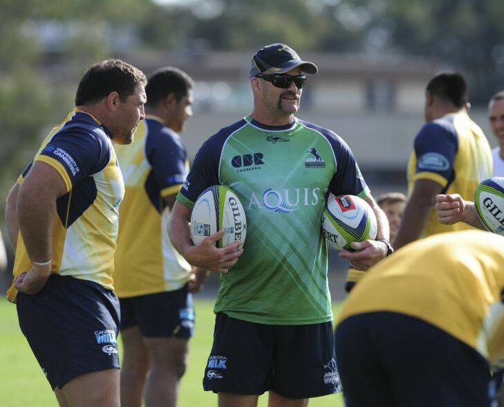 Sport. Brumbies training at their UC HQ.
 Peter Ryan, one of the coaching staff, looking a bit gangster...ish.
April 20th 2016
The Canberra Times
Photograph by Graham Tidy.