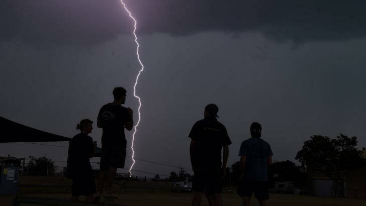 Lightning strikes at Narrabeen as storms move through the Northern Beaches on Monday. Photo: Nick Moir
