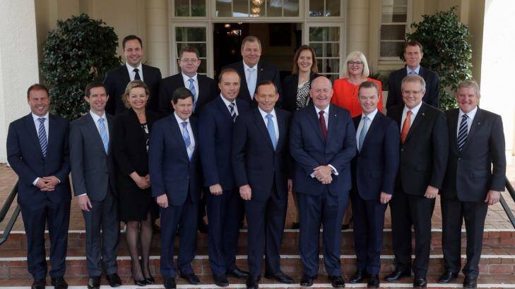 New members of the Abbott ministry pose for the official photograph. Photo: Andrew Meares