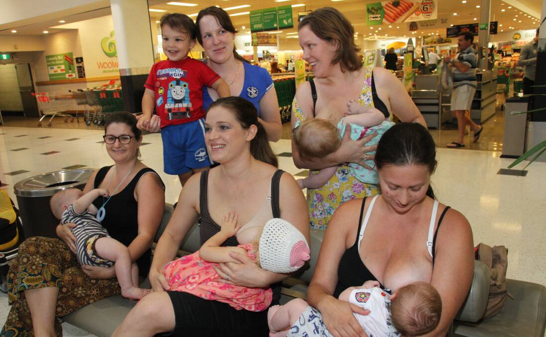 BREASTFEEDING mums: from left, Carissa Patchett and Sebastian Patchett-Smits, 9 months of Macleay Island, Nicole and Marlon Siguenza, 21 months of Holland Park, Rhiannon Creamer and Esther, 21 months of Tingalpa, Alisha and Gwynevere Wood, 15 months and Lisa and Kaiden Ward, 10 weeks.
The mums staged a 'nurse in' after a mother was told to stop breast feeding in public.
Photo by Chris McCormack