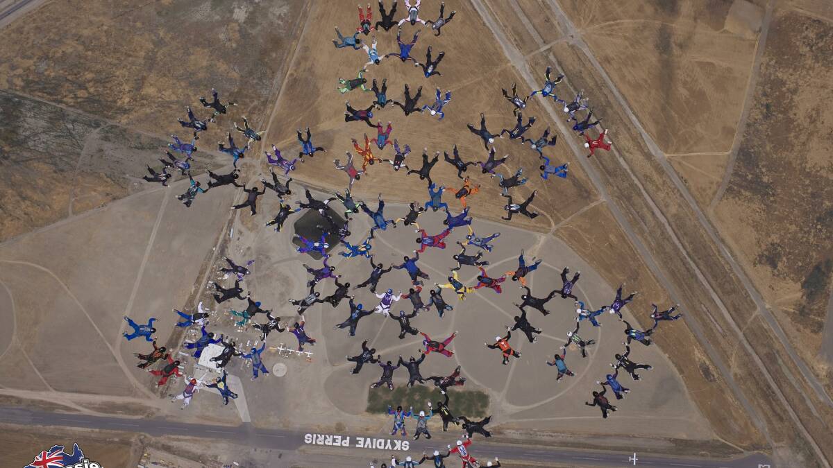 IN THE ZONE: This is what the Aussie World Record large formation skydive record looks like; 112
people in freefall, Perris Valley, California, USA. The aim in May this year is to beat the record