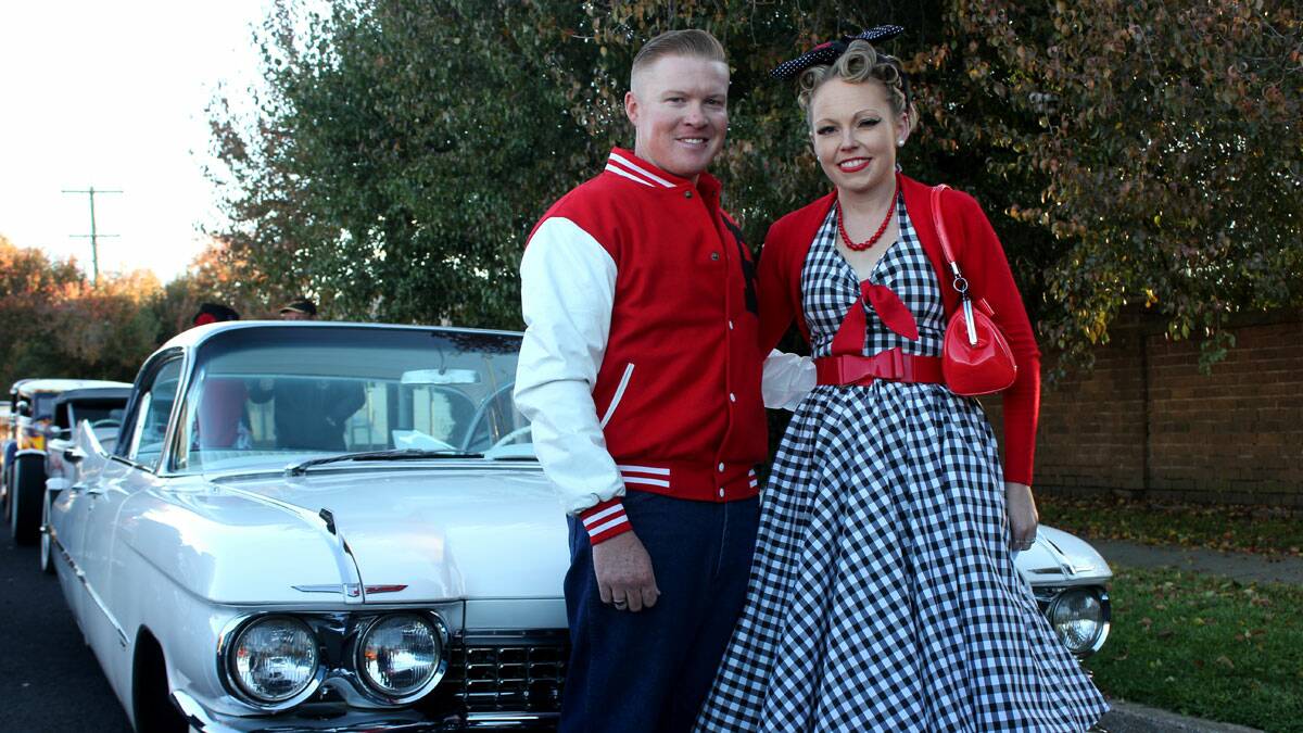 SHAKIN’ DOWN: Local couple Shane Stewart and Rachel Thomson enjoyed dressing up in their 1950s gear to accompany Shane’s vehicle, a 1959 Cadillac DeVille at their first annual Easter Hot Rod Shakedown on Saturday.