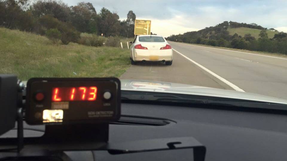 Police detected a driver allegedly travelling 173km/h in a 110km/h zone south along the Hume Highway near Goulburn on Monday. Photo courtesy NSW Police Force Traffic and Highway Patrol Command facebook page.