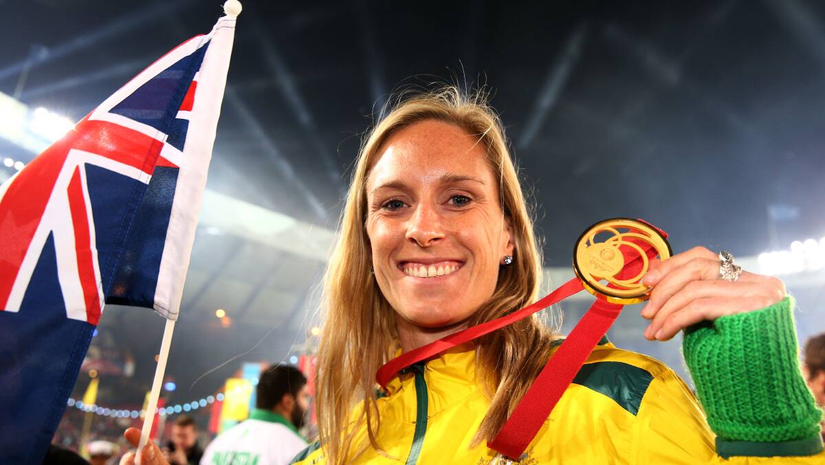 Australian pole vaulter gold medal pole-vaulter Alana Boyd soaking up the atmosphere of the Glasgow 2014 closing ceremony. Photo: Cameron Spencer,
Getty Images Sport