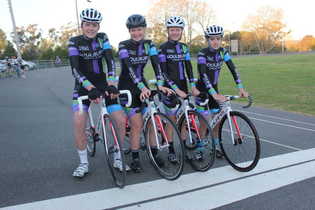 HARD YARDS: Junior representatives from the Goulburn Cycle Club Callum Emmerton (left), Tassie Davies, Tamika Wallace and Zac St Vincent trained at the Seiffert Oval Velodrome on Thursday afternoon in readiness for their rideathon over 1,000 kms at Seiffert Oval on October 16. They will be raising money for their participation in the National Junior Track Series which started in Sydney on Friday. They go on to compete in the second and third rounds in Melbourne and Launceston in November and December.