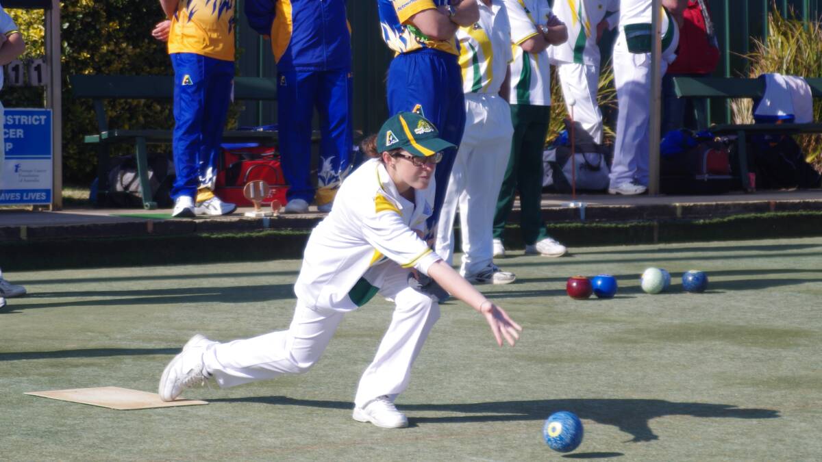 FOLLOWING THROUGH: Jodie Marshall playing with the mostly Crookwell Under 25s team on Saturday in the Inter Zone Four Rivers, Four Creeks representative games at Goulburn Railway Bowling Club before flying to Tweed Heads for the Australian Indoor Bowls Championships. Photo by Darryl Fernance.