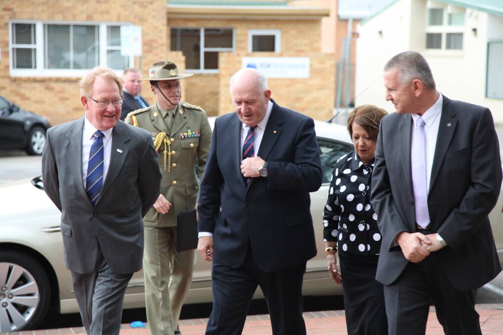 WELCOMING PARTY: Governor General Sir Peter Cosgrove and his wife Lady Lynne are greeted to the Civic Centre by Mayor Geoff Kettle (right) and Deputy Mayor Bob Kirk.