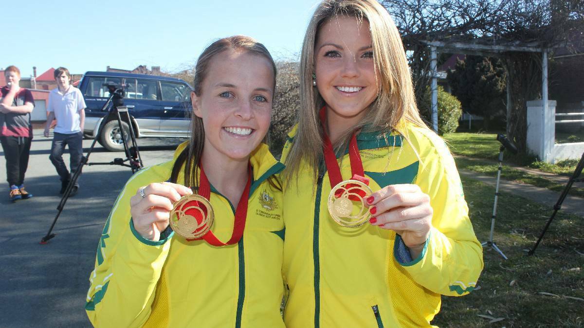 OLYMPIC ASPIRATIONS:  Emily Smith and Kellie White when they returned to Crookwell to show off their Commonwealth Games Gold Medals in 2014. (Photo: Antony Dubber) 