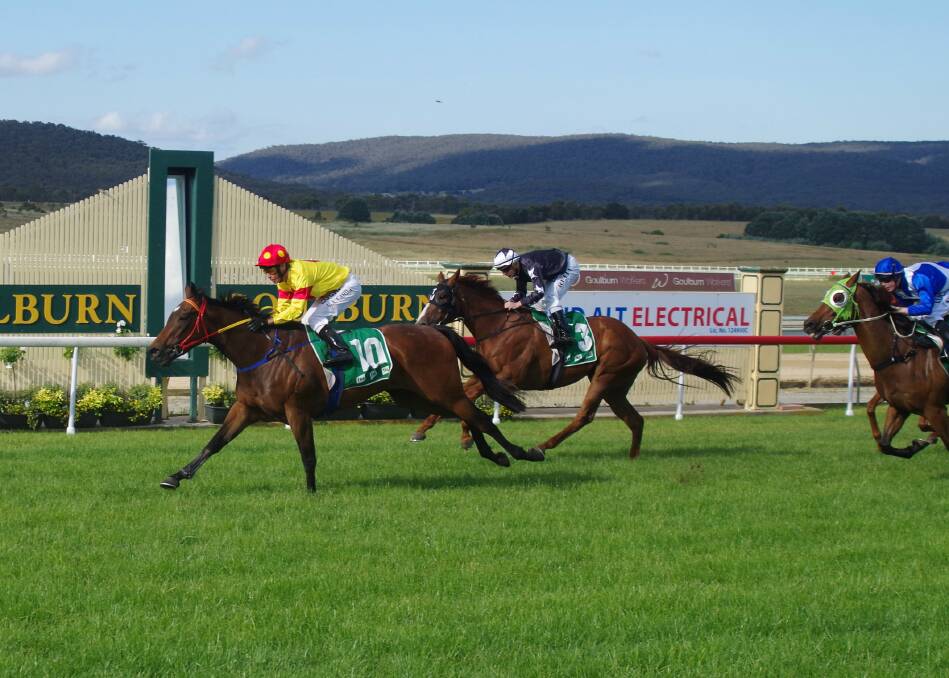 WINNER: Just a Blur ridden by Matt Cahill crosses the line in the David Alt Electrical
Goulburn Cup 1-½ length ahead of Moral Victory on Sunday afternoon.