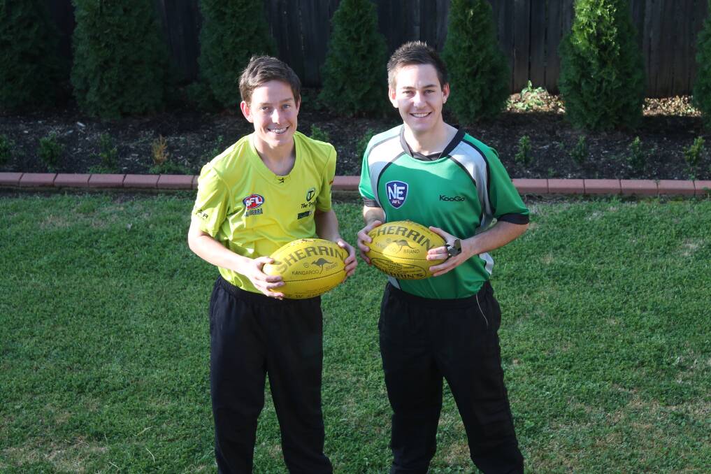 Jerrabomberra AFL Canberra umpires Ben Izzard and Tom Izzard are looking at careers in umpiring. Photo: Joshua Matic.