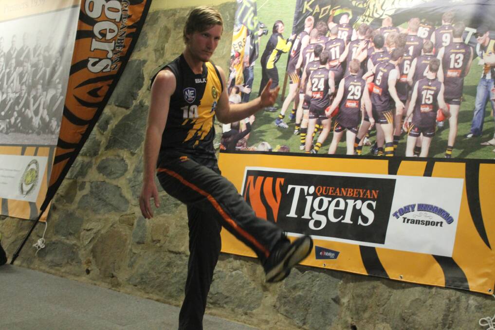 Queanbeyan Tiger Stephen Camp at training on Tuesday night. The Tigers Reserves, Rising Stars and Women will be training hard for their grand finals. Photo: Joshua Matic.