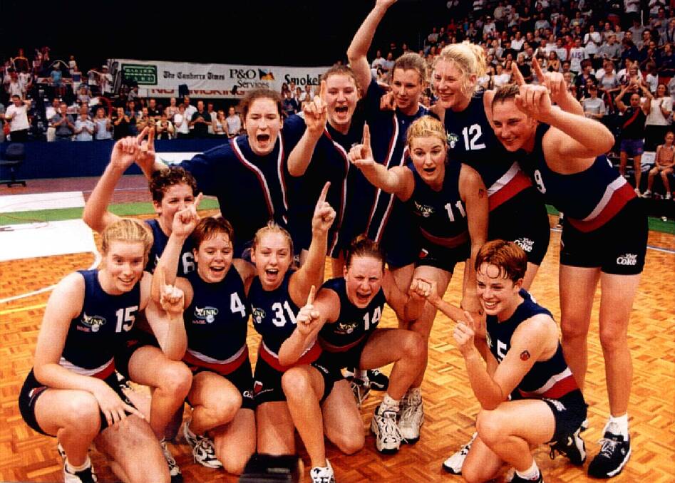 Lauren Jackson and her teammates immediately after winning the WNBL Championship for 1998/99.  Photo by Darryl Fernance.

