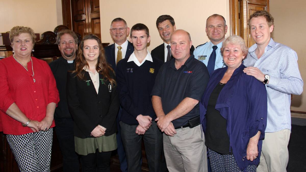 WORKING TOGETHER: (Left) Joanne Cunningham, Cannon Mark Cooper, Mulwaree High School student Caitlin Muddiman, Goulburn Mulwaree Mayor Geoff Kettle, Goulburn High School, student William Hargan, Federal Member for Hume Angus Taylor, Anglicare Director of Services NSW South and West Simon Bennett, Local Area Commander Superintendant Zoran Dzevlan, Margaret Whitehouse and Cr Sam Rowland     Photo: David Cole