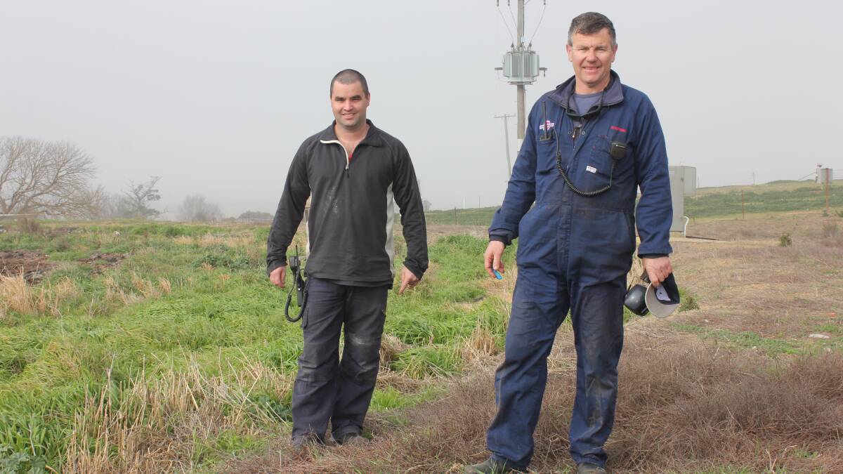 ON THE MOVE: A proposed bio-energy facility at the Southern Meats abattoir in Mazamet Rd should be up and running by some time next year, says CEO Coll MacRury. Southern Meats maintenance manager Scott Newton (right) and electrician Mick Sperring were photographed at the proposed site in June 2015. Photo: Antony Dubber