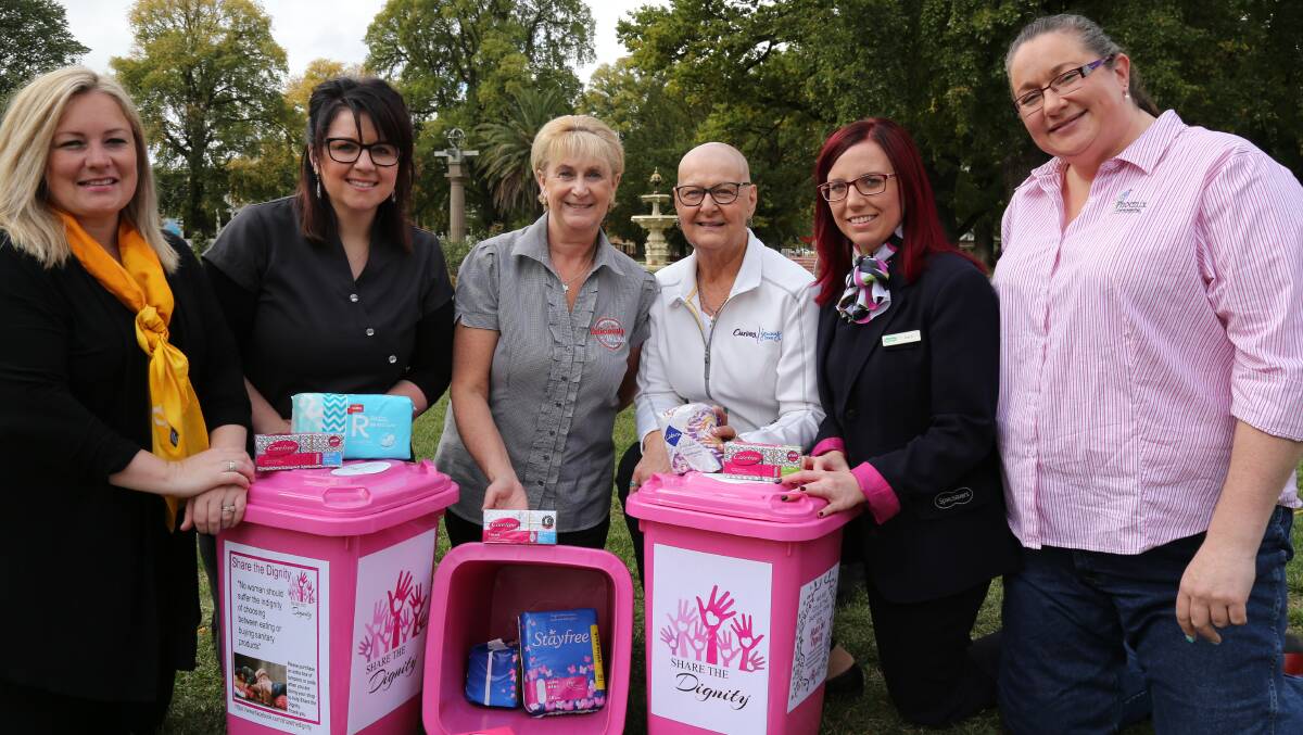 (L-R) Courtnie Alaia (Raine and Horne), Kristin Agius (YouBeauty), Jacquie Howard (Deliciously Wicked), Karen Wilson (Curves Jenny Craig), Kara Gay (Specsavers) and Claire de Haan (Phoenix Conveyancing). A pink or purple donation bin can be found in each of their respective businesses.
