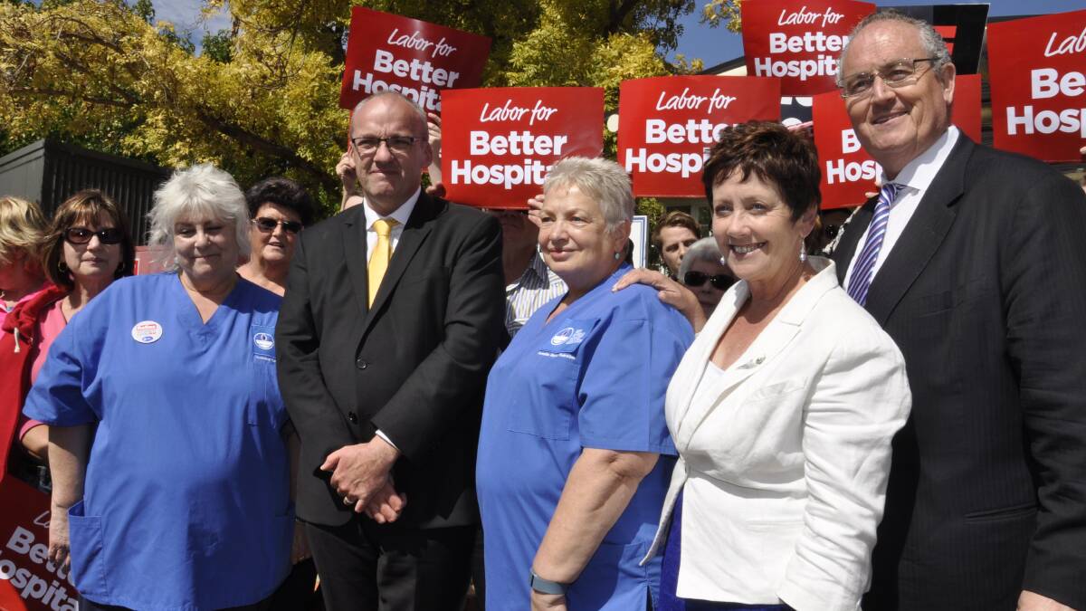 Members of the Nurses and Midwives Association pictured with Opposition Leader Luke Foley and Labor Candidate for Goulburn Ursula Stephens. Photo: Louise Thrower