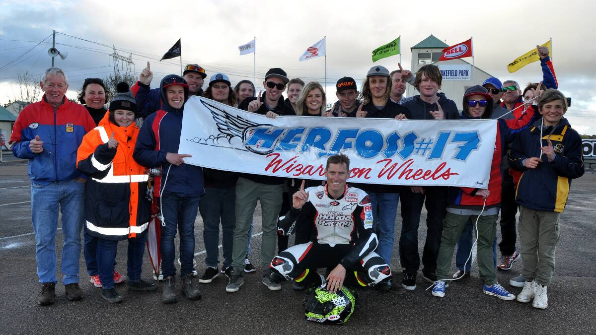 HOME CROWD: The official Troy Herfoss fan club was out in force at Wakefield Park on Saturday to watch Herfoss (pictured in front) take out the fifth round of the Australian FX-Superbike Championships