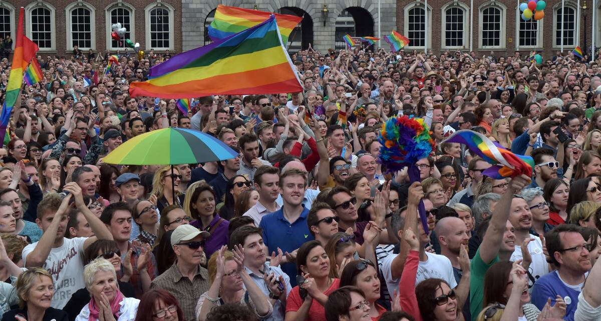 Thousands of people celebrate in Dublin Castle Square as the result of the referendum is relayed on May 23, 2015 in Dublin, Ireland. (Photo by Charles McQuillan/Getty Images)