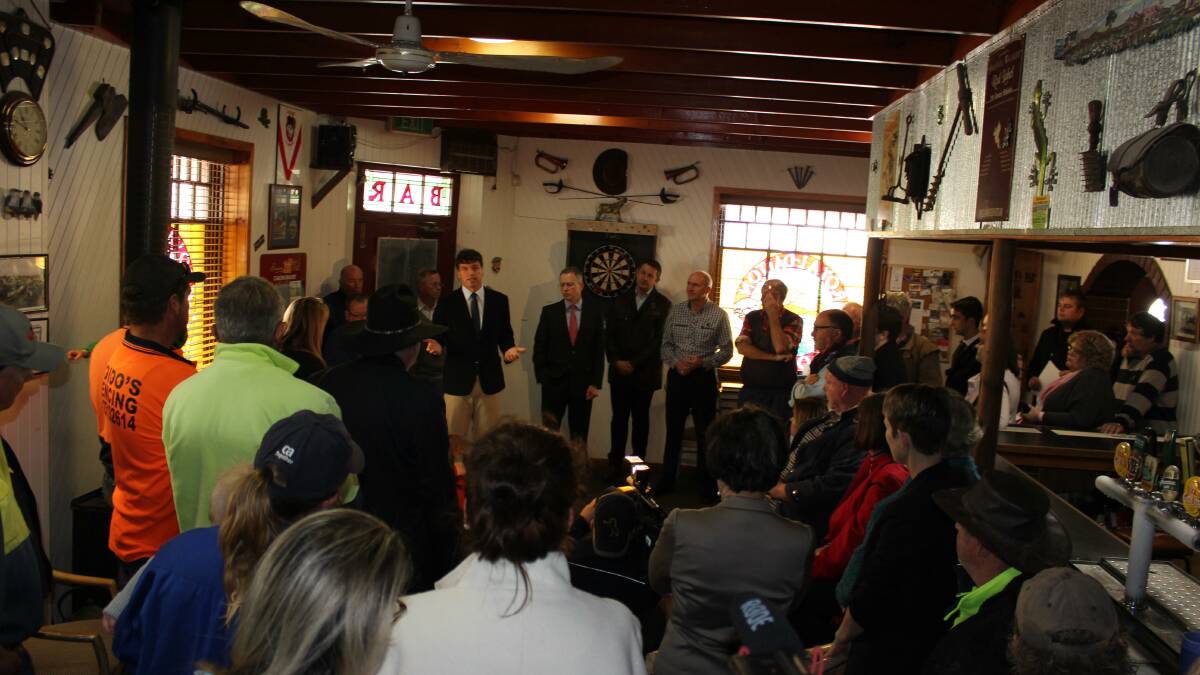 4G: Hume MP Angus Taylor addressing a crowded Dalton pub about telecommunications improvements coming to Dalton.