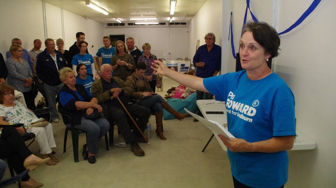Pru Goward speaks at her campaign office on Saturday night.