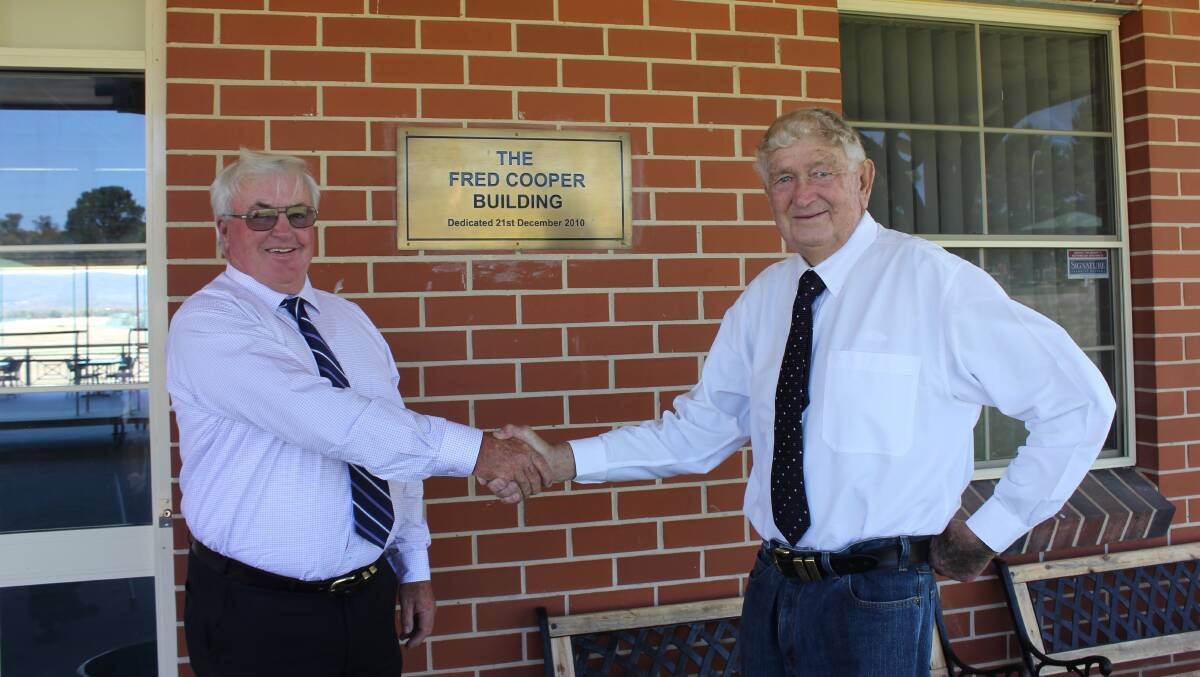 GIDDYUP: Goulburn and District Racing Club president Fred Cooper, right, is ‘handing over the reins’ to incoming president Ken Ikin. Photo David Cole.