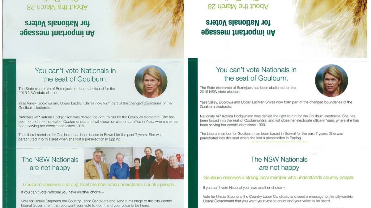  SAME BUT DIFFERENT: A before and after of the original (left) and newly distributed Country Labor campaign leaflets. The former, with regional farmers Guy Milson, Ian McLennan, James Car and Bill Dobbie pictured.