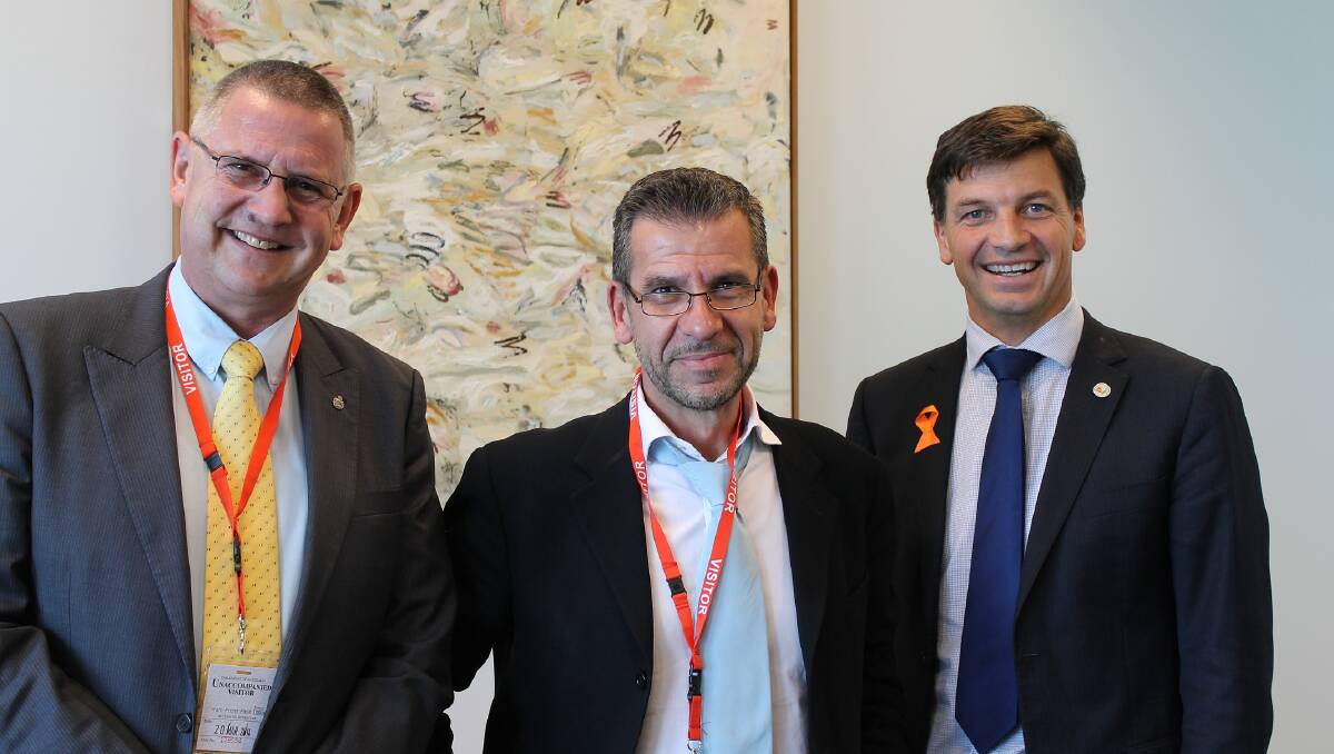 Goulburn Mulwaree Mayor Geoff Kettle, former Headspace CEO Chris Tanti and Hume MP Angus Taylor, pictured in July 2014.
