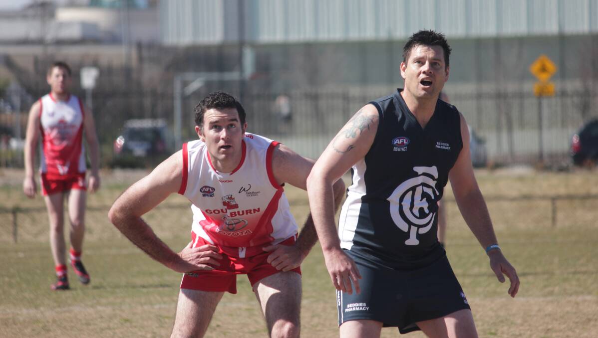 Swans president and ruckman Grant Haigh eyes the ball in a rucking contest. Photo: Chris Clarke