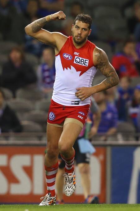 BUDDY: Lance Franklin celebrates kicking a goal against
the Western Bulldogs on August 24. Photo:Quinn
Rooney/Getty Images