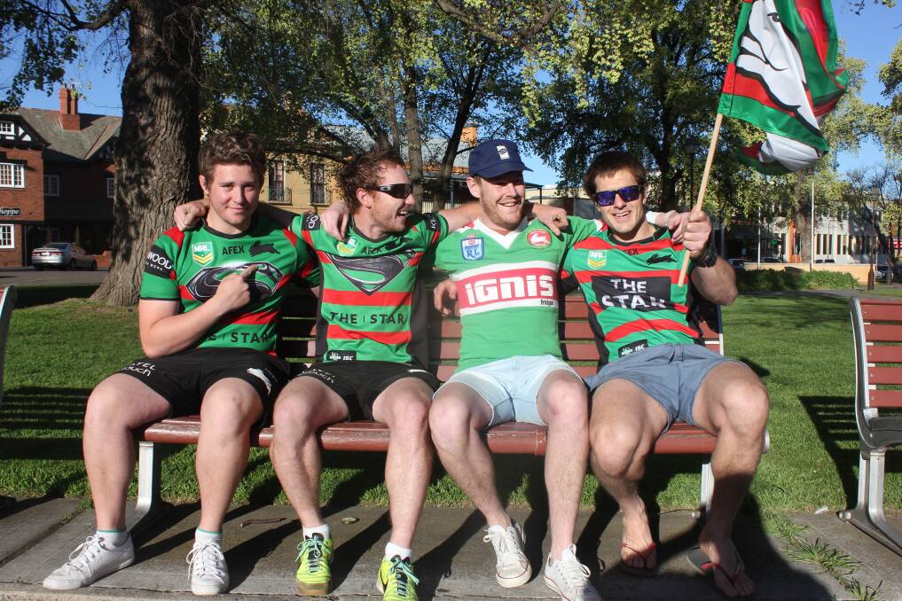 • Lifelong South
Sydney fans Matt
Hindi, Luke Shaw,
Luke Langbein and
Mik Webber will be
hoping the Rabbits
can break their 43-
year-old drought this
Sunday. Photo: Chris
Clarke