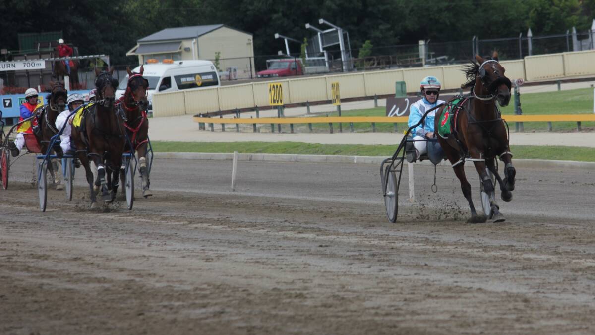 EASY WIN: The Dennis Picker trained Just Cala, driven by Scott Picker, flogs the field at the J & C Powderly Encouragement Stakes (1710m) at the Goulburn Paceway on Monday afternoon. Photo: Chris Clarke
