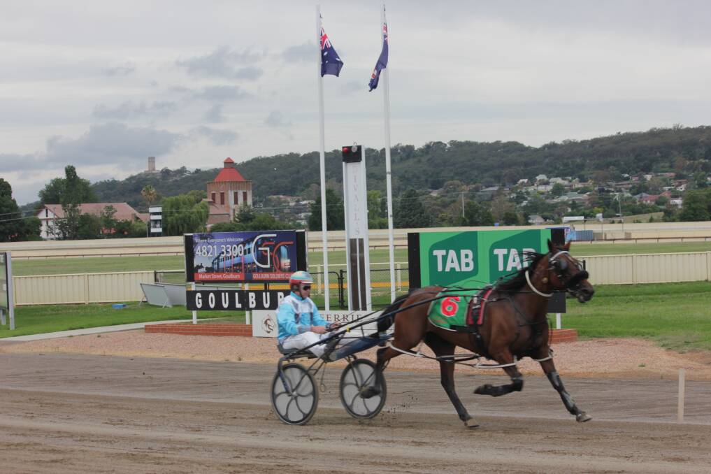 UNSTOPABLE: Just Cala, driven by Scott Picker, crossed over the line in the J & C Powderly Encouragement Stakes (1710m) at the Goulburn Paceway on Monday afternoon. Photo: Chris Clarke