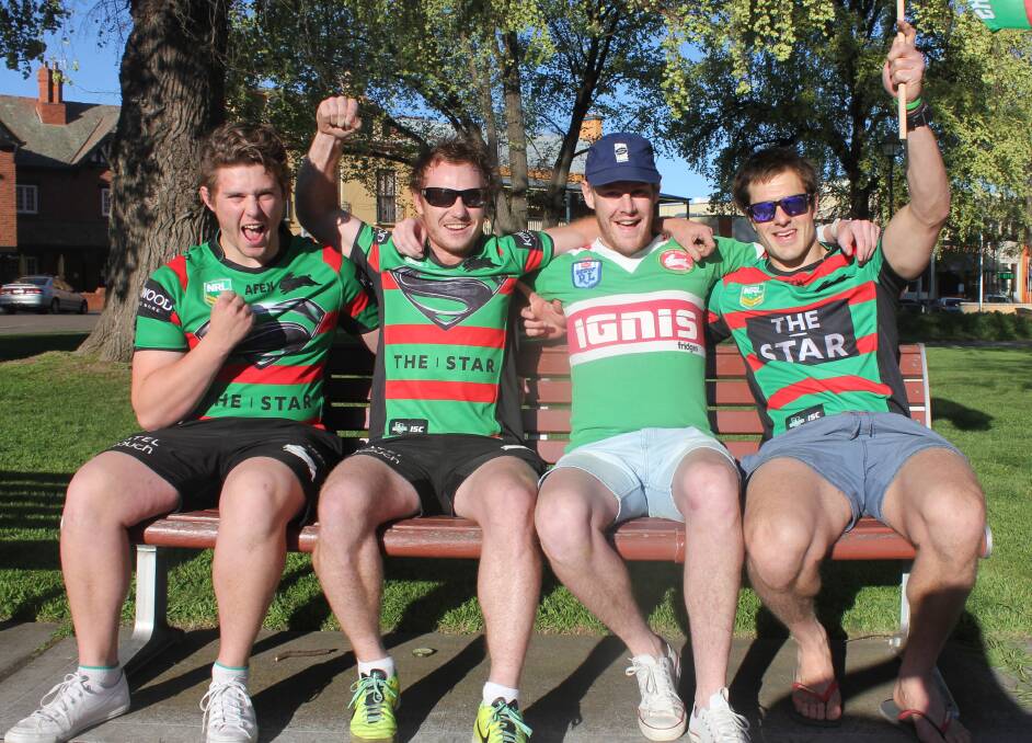 • Lifelong South
Sydney fans Matt
Hindi, Luke Shaw,
Luke Langbein and
Mik Webber will be
hoping the Rabbits
can break their 43-
year-old drought this
Sunday. Photo: Chris
Clarke