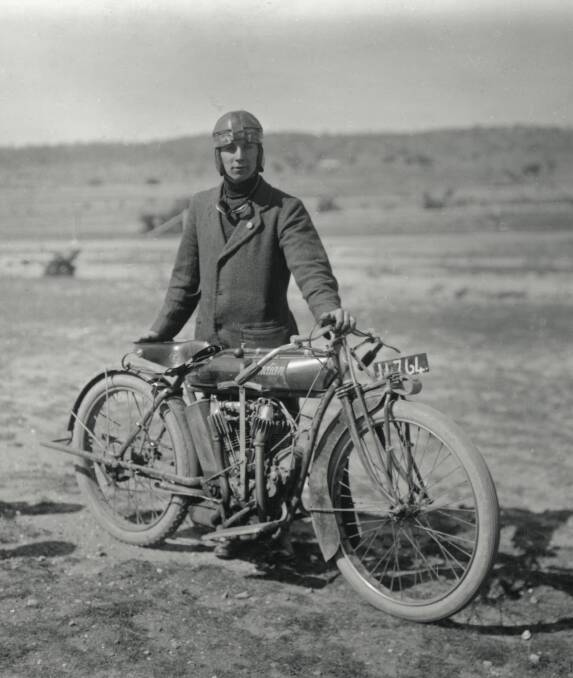 ORIGINAL WINNER:
The first Australian
tourist trophy winner,
Jack Booth with his
winning Indian
Motorcycle in 1914.